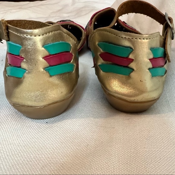Sandy Exclusiva Gold Pink Teal Woven Leather Aztec Ankle Strap Sandals Huaraches - Picture 5 of 8